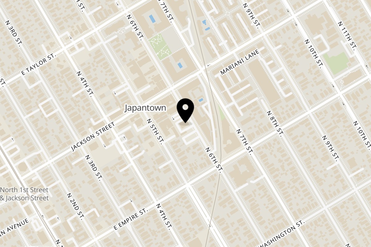 Map showing the location of Okayama Sushi Okayama Sushi # 1 on 565 N 6th St A in San Jose